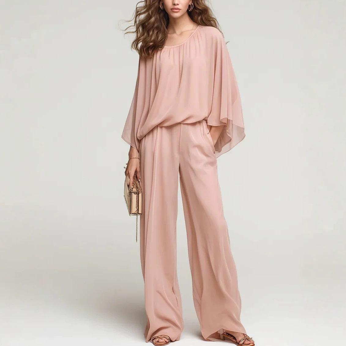 Women's Casual Wide-Leg Two-Piece Set with Batwing Sleeve Tee