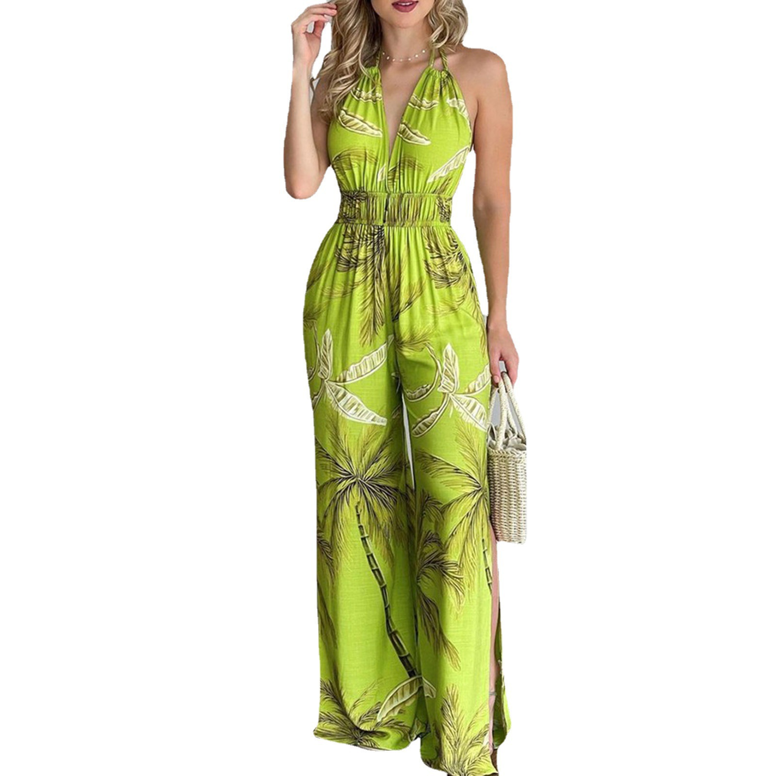 Women's Digital Print Sleeveless Jumpsuit with V-Neck and Wide Leg