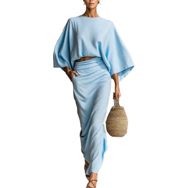 High-Waist Midi Skirt Set with Round-Neck Long-Sleeve Loose Top