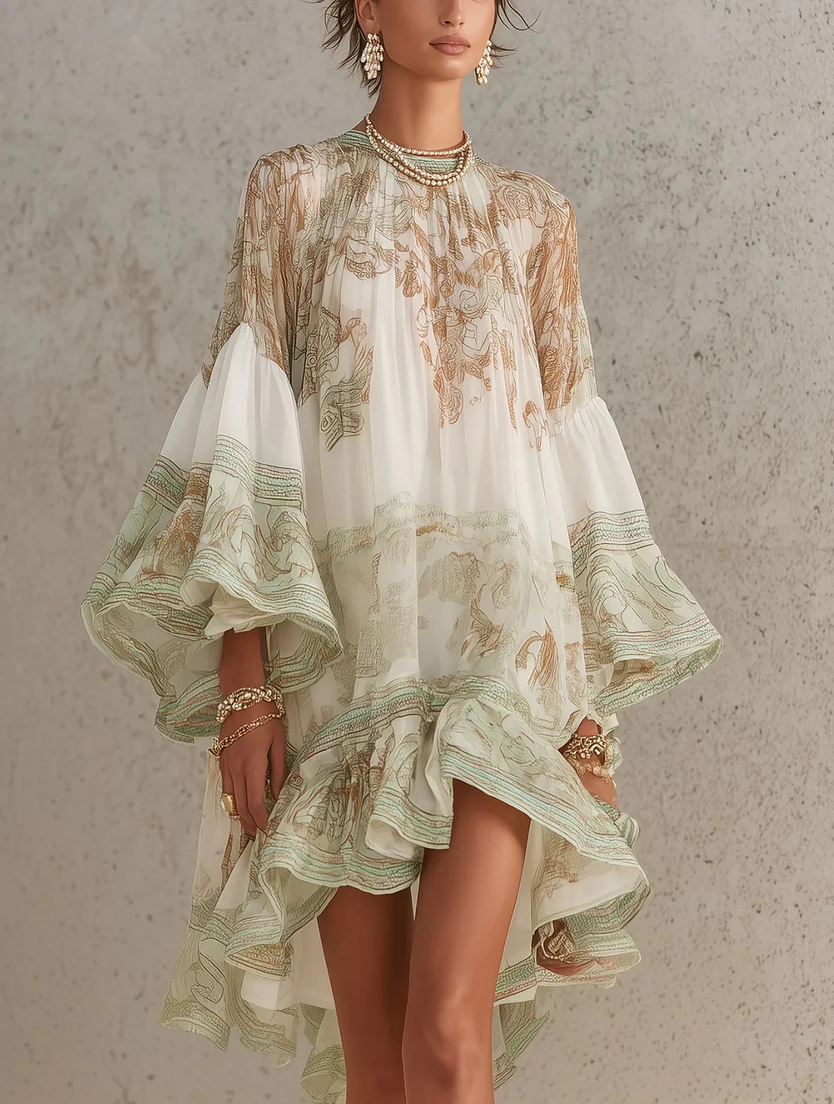 Boho Floral Print Bell Sleeve Asymmetric Ruffle Dress