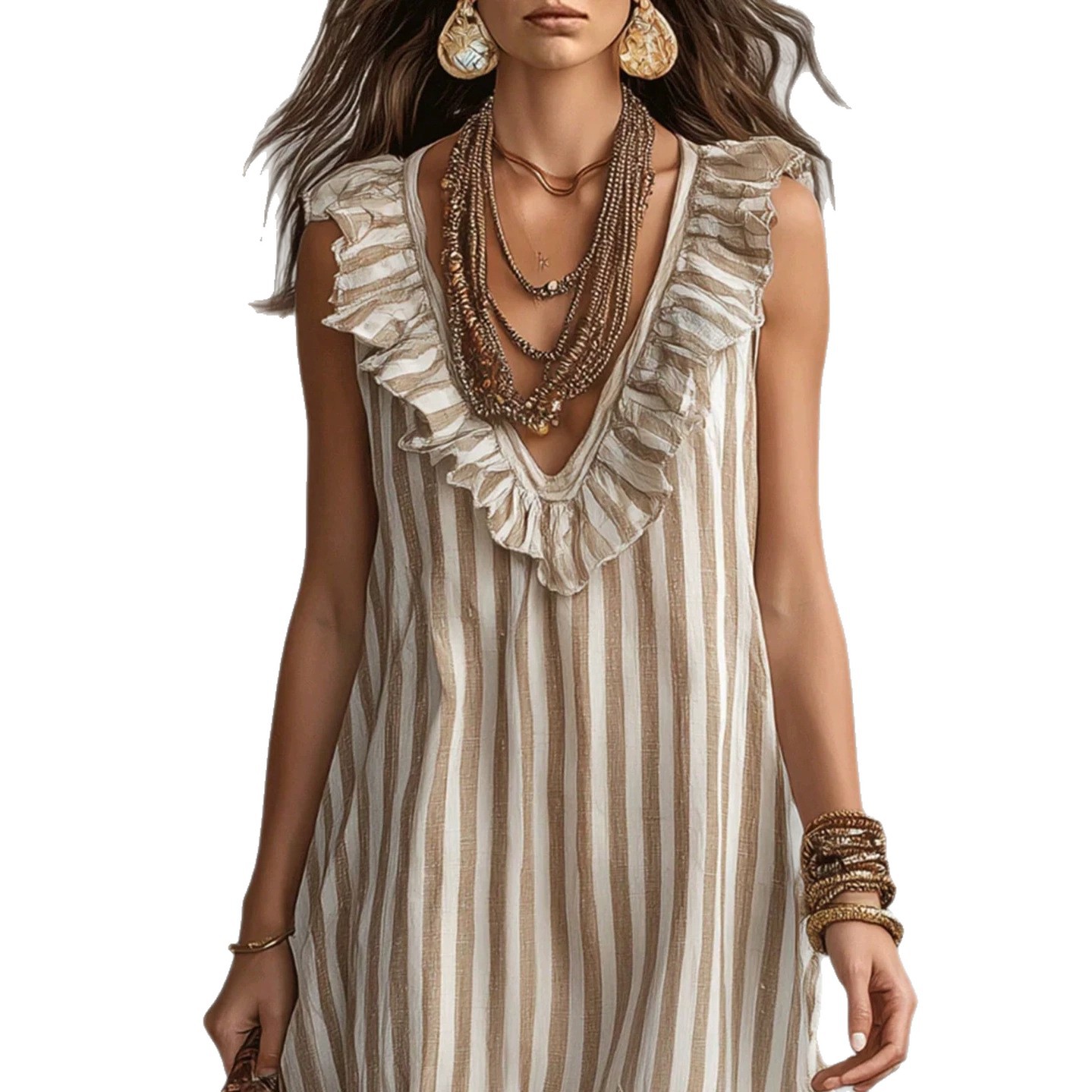 Striped Ruffle Sleeveless V-Neck Loose Boho Dress