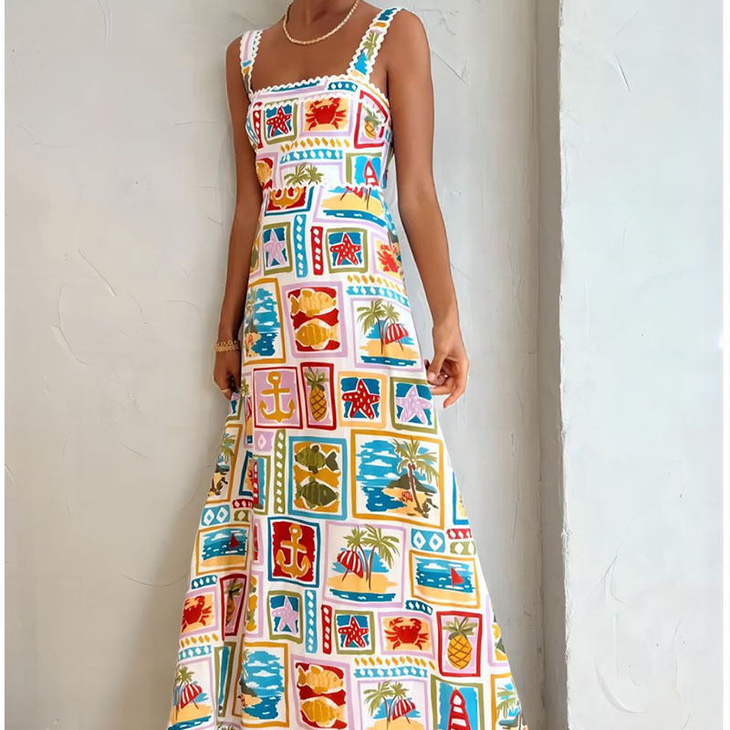 Women's Graffiti Print Sleeveless Maxi Dress Square Neck