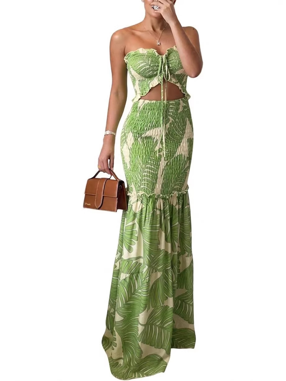 Tropical Print Smocked Tube Top and Ruffle Hem Long Pants Set