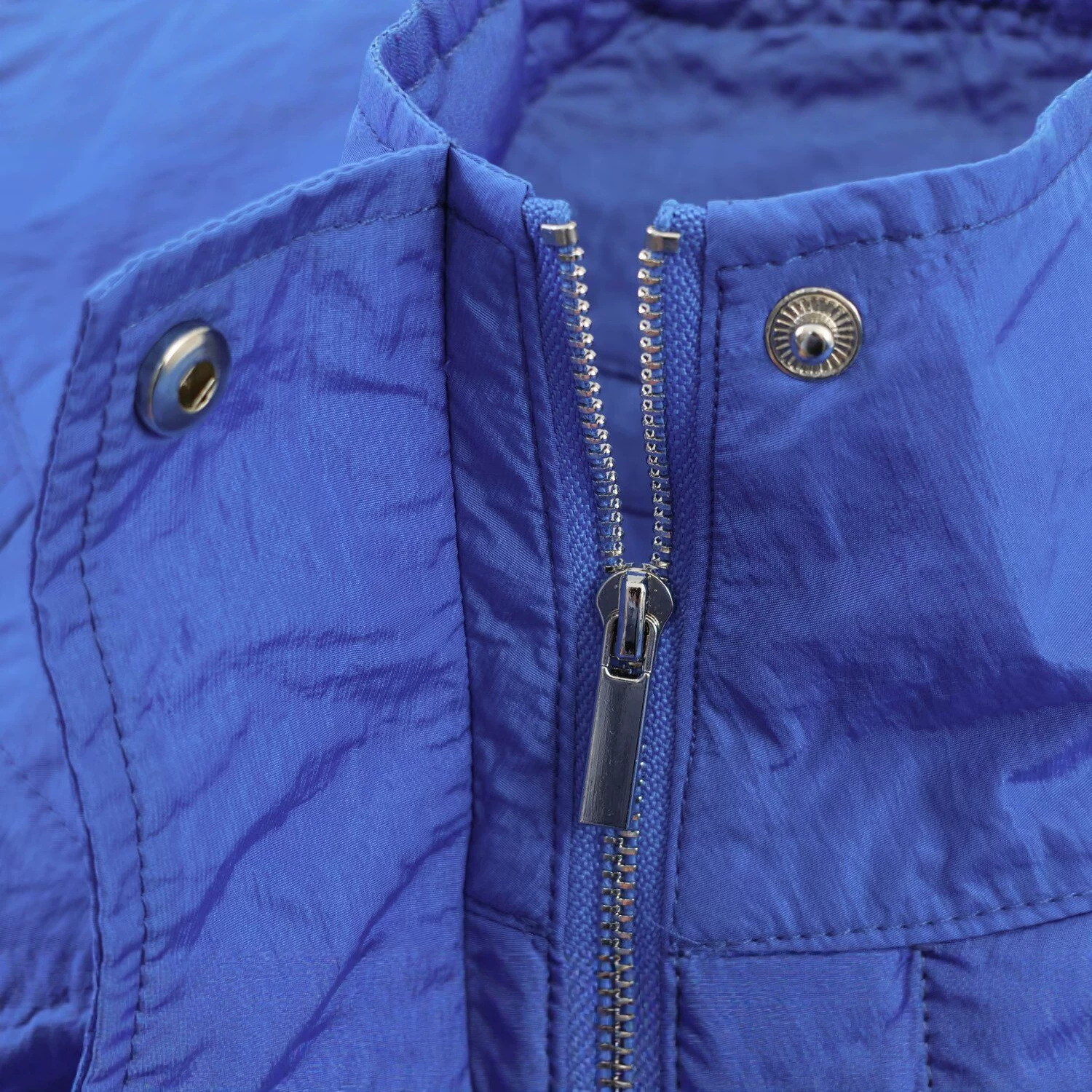Women's Ruched Nylon Zip Jacket Casual Loose Fit Stand Collar Blue