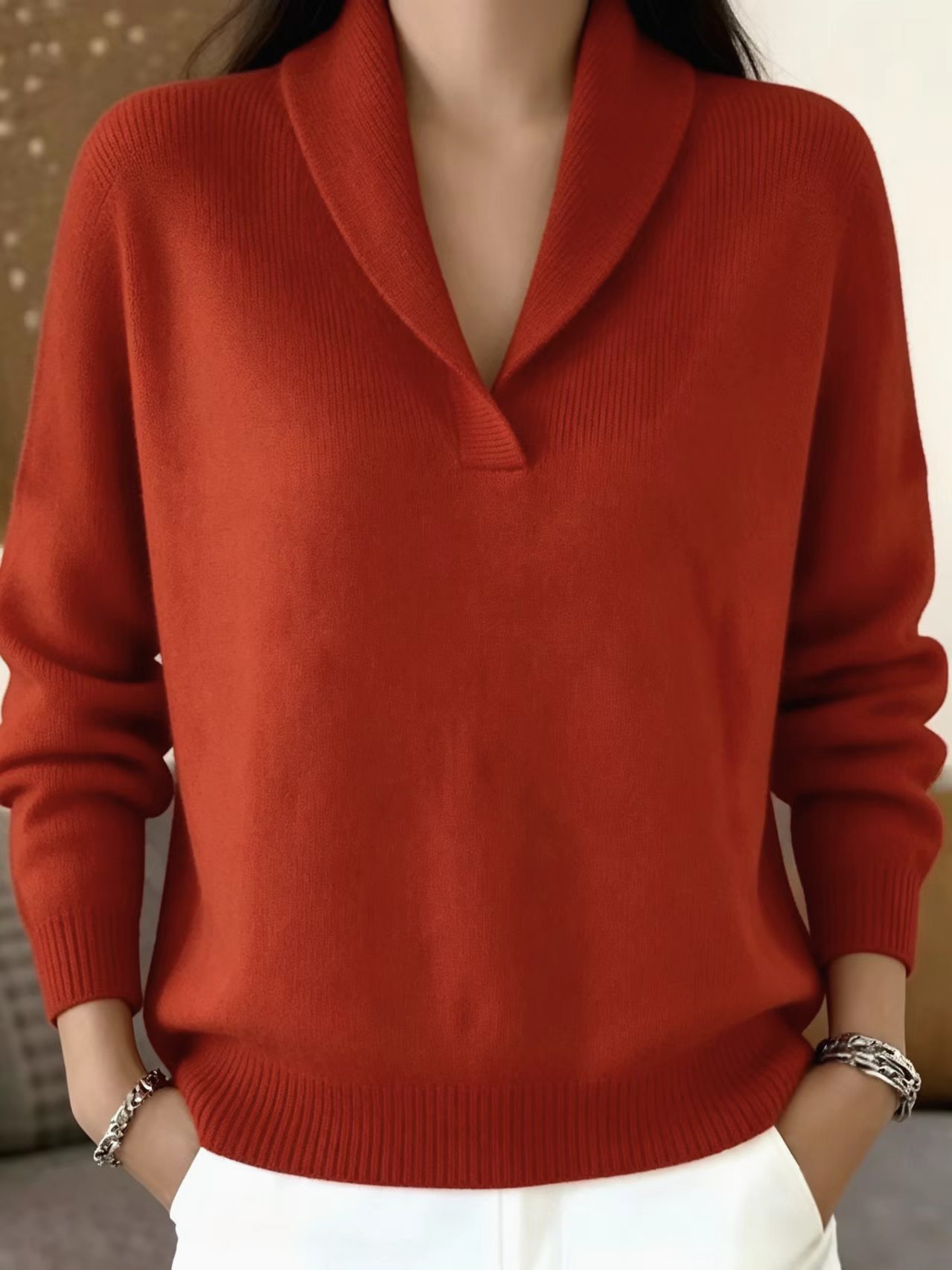 V-Neck Long-Sleeve Pullover Sweater Solid Color