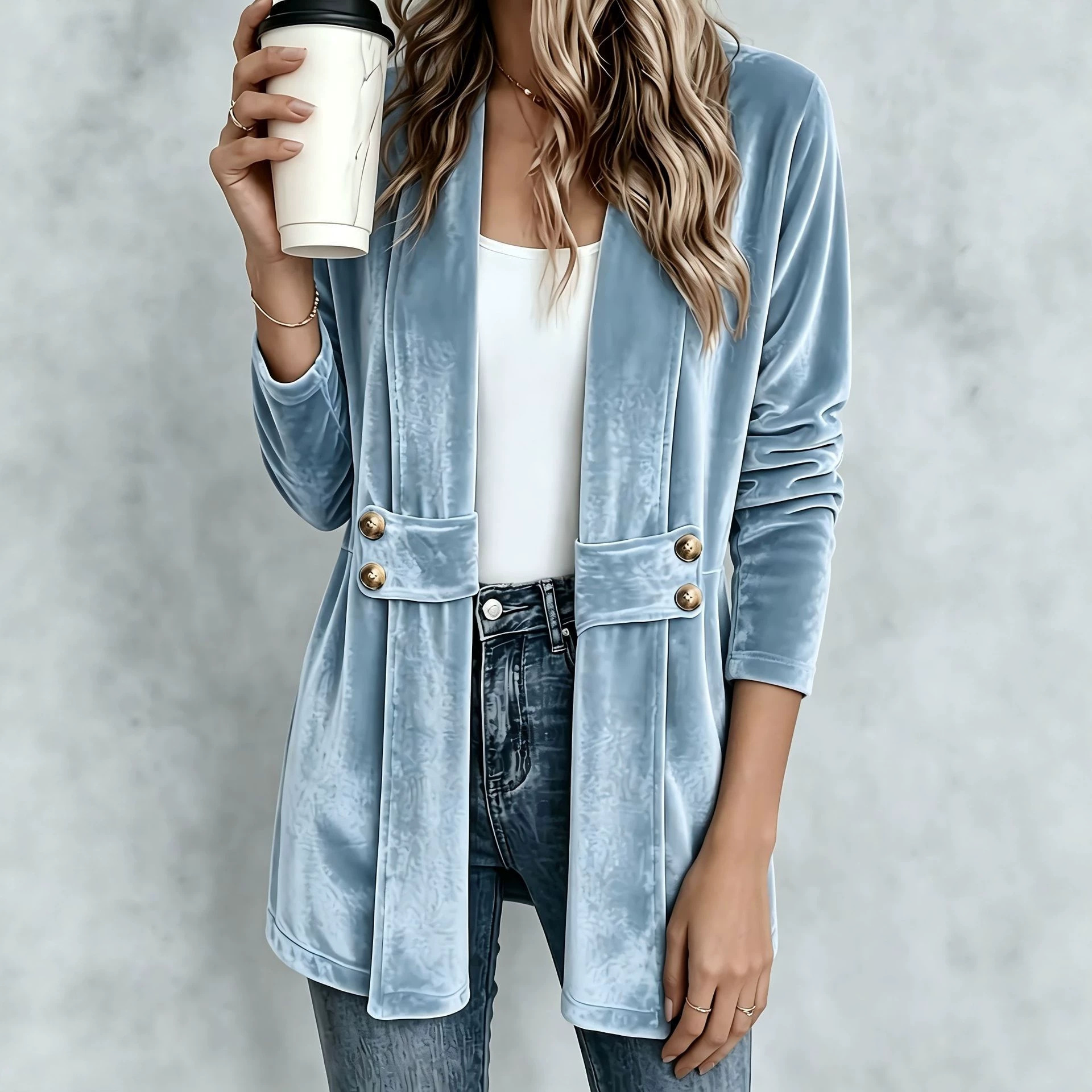 Women's Double-Breasted Velvet Cardigan Lazy Style Mid-Length Top