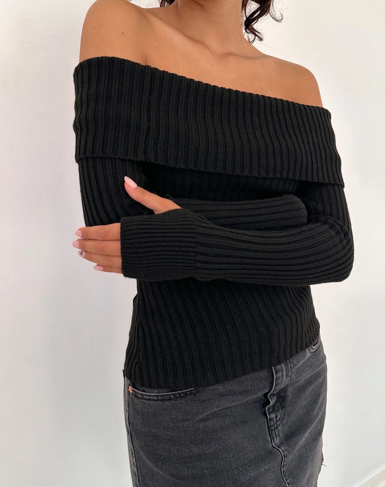 Sexy One-Shoulder Ribbed Slim-Fit Sweater with Oversized Collar
