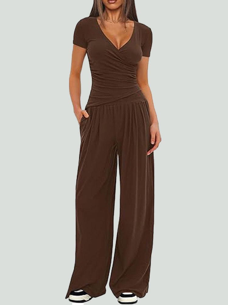 Women's Wide-Leg Pants Set Long Sleeve Solid Color Two-Piece Outfit