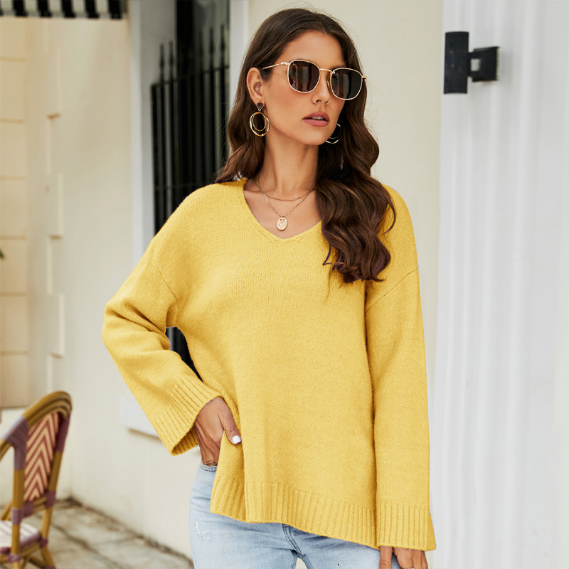 Women's Long Sleeve V-Neck Knit Sweater Casual Loose Fit