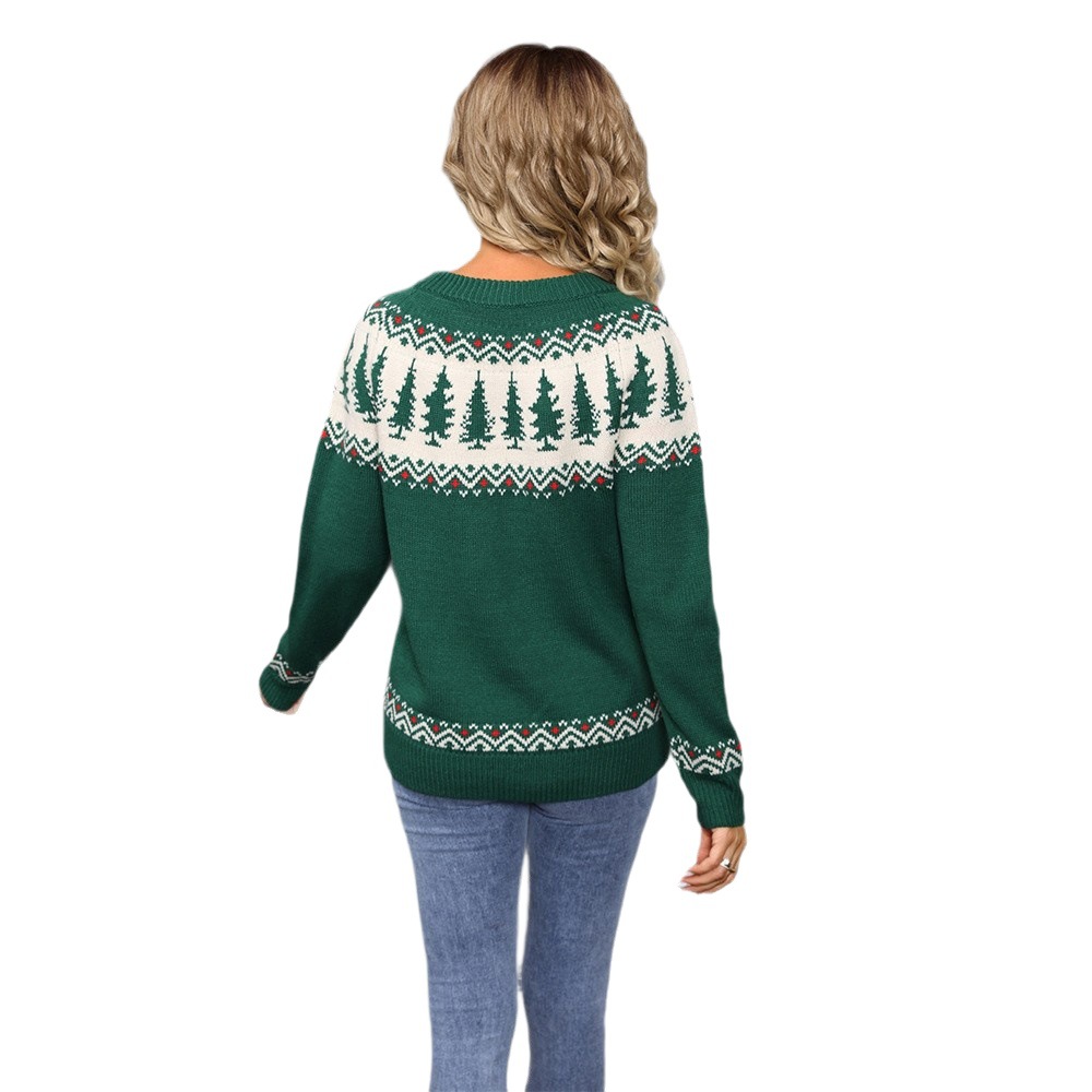 Christmas Tree Jacquard Crewneck Pullover Sweater Green