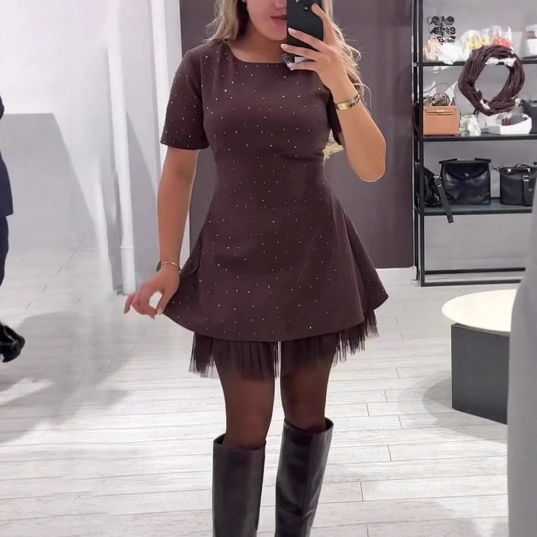 Rhinestone Hem Mesh Ruched Solid Color Commuter Dress