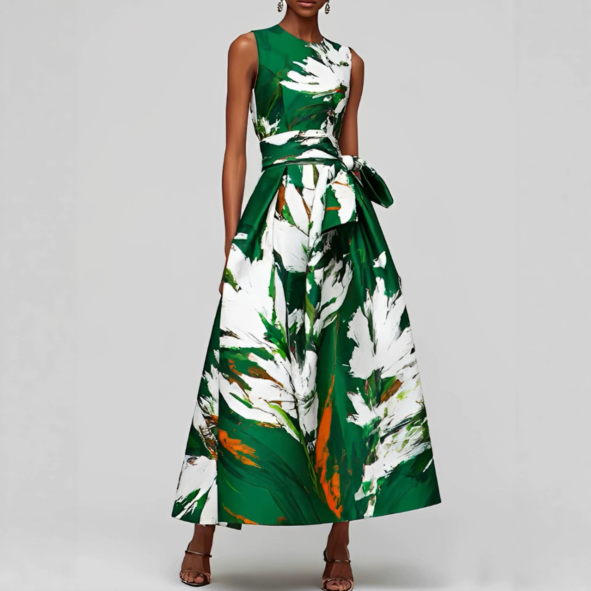 Elegant Floral Print Sleeveless Midi Dress with Round Neck and Waist Tie
