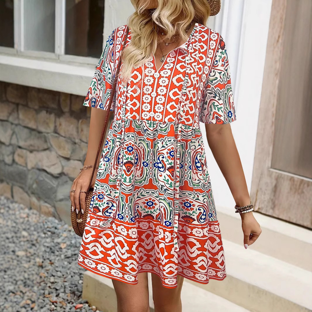 Bohemian Floral Print V-Neck Short Sleeve Dress