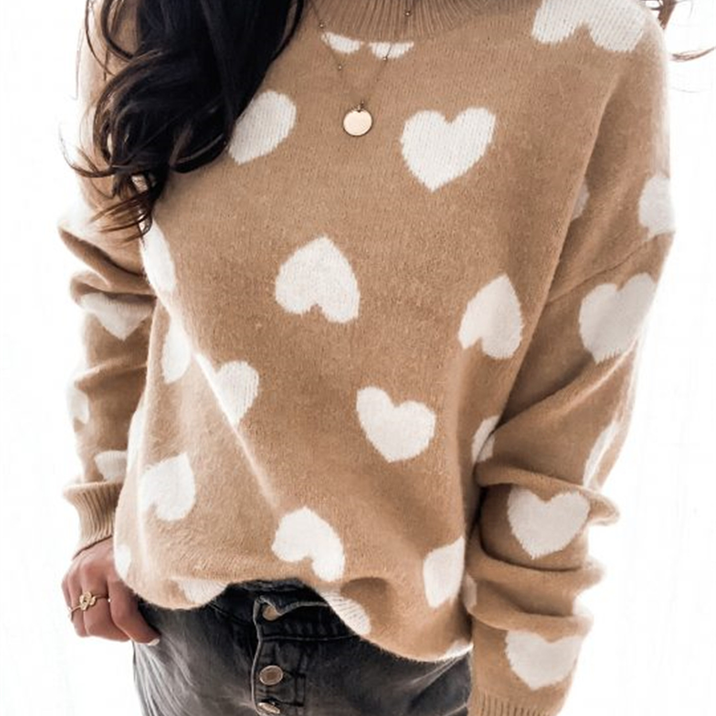 Women's Heart Print Pullover Knit Sweater Crew Neck Long Sleeve