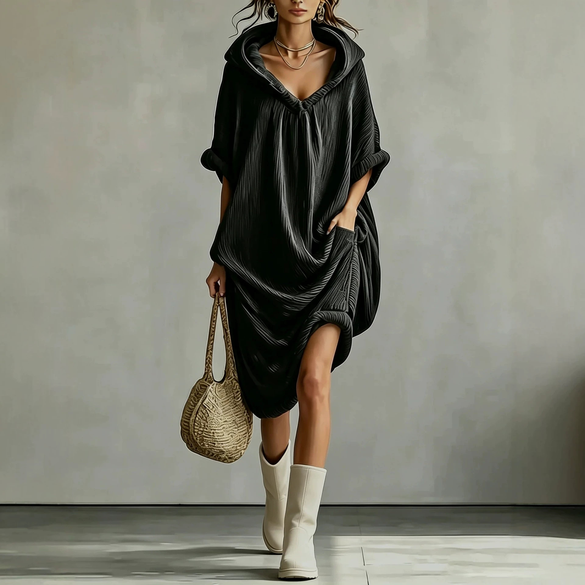 Dark Textured Pleated Hooded Sweatshirt Dress Loose Slit Midi