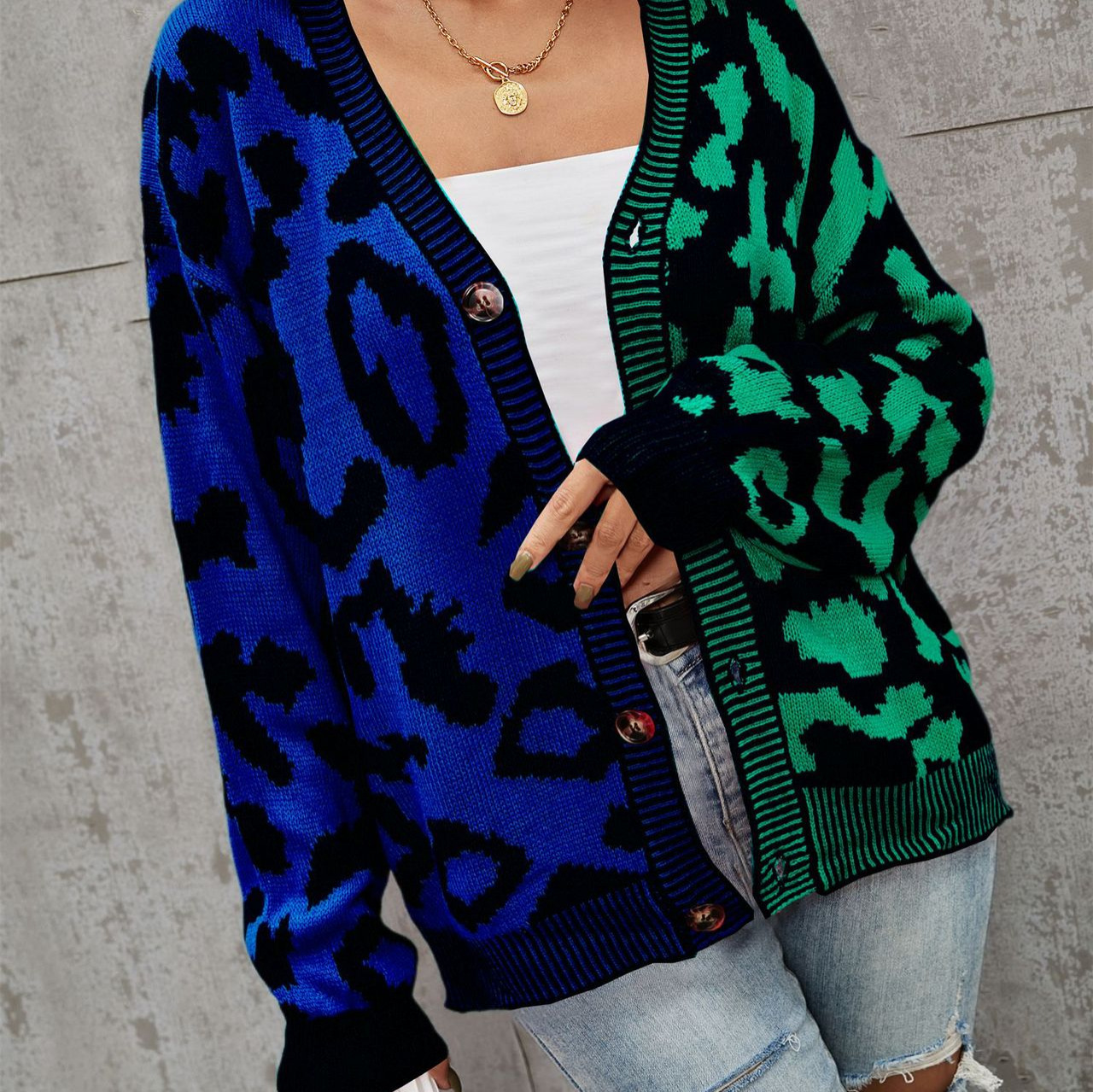 Leopard Print Patchwork Plus Size Button Cardigan Knit Sweater