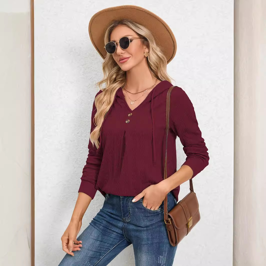 V-Neck Loose Long-Sleeve Hooded Sweatshirt for Women