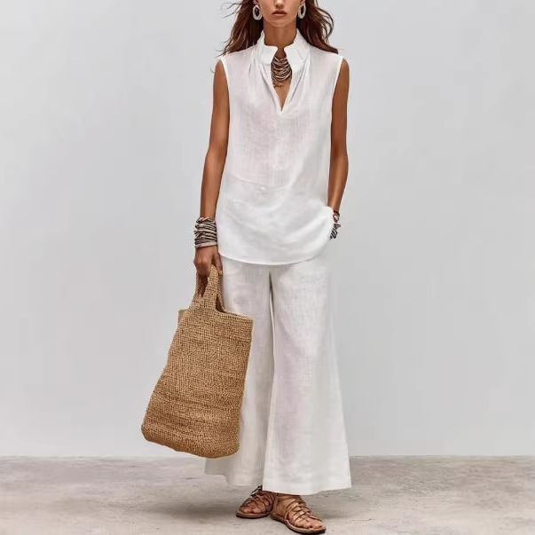 Solid Sleeveless Deep V Stand Collar Two-Piece Pants Set