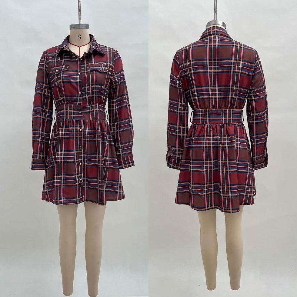 Women's Printed Shirt Dress with Pockets and Waist Tie