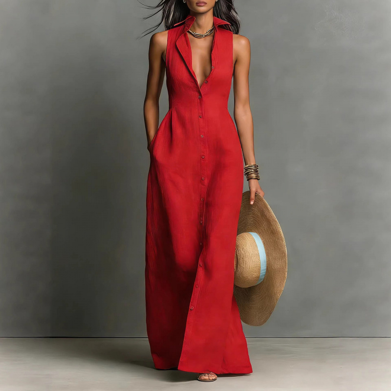 Sleeveless Button-Front Shirt Dress with Collar