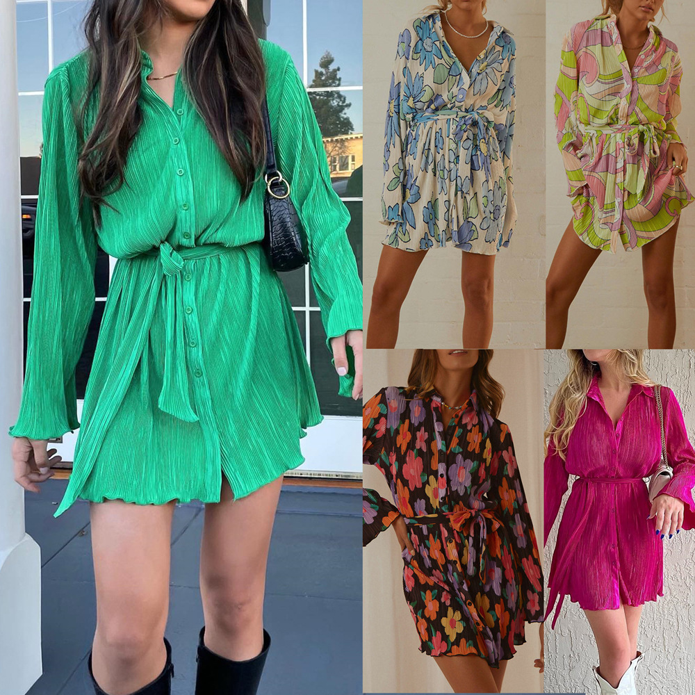 Women's Long Sleeve Tie-Front Collared Dress