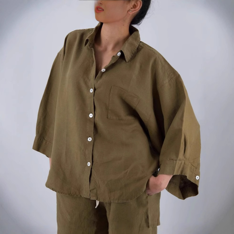 Cotton-Linen American Style Cardigan Long-Sleeve Shorts Set