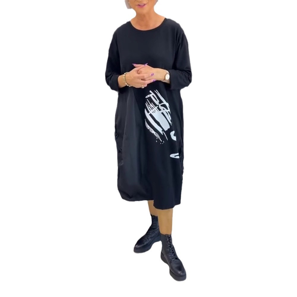 Women's Printed Long Sleeve Round Neck Drawstring Dress with Pockets
