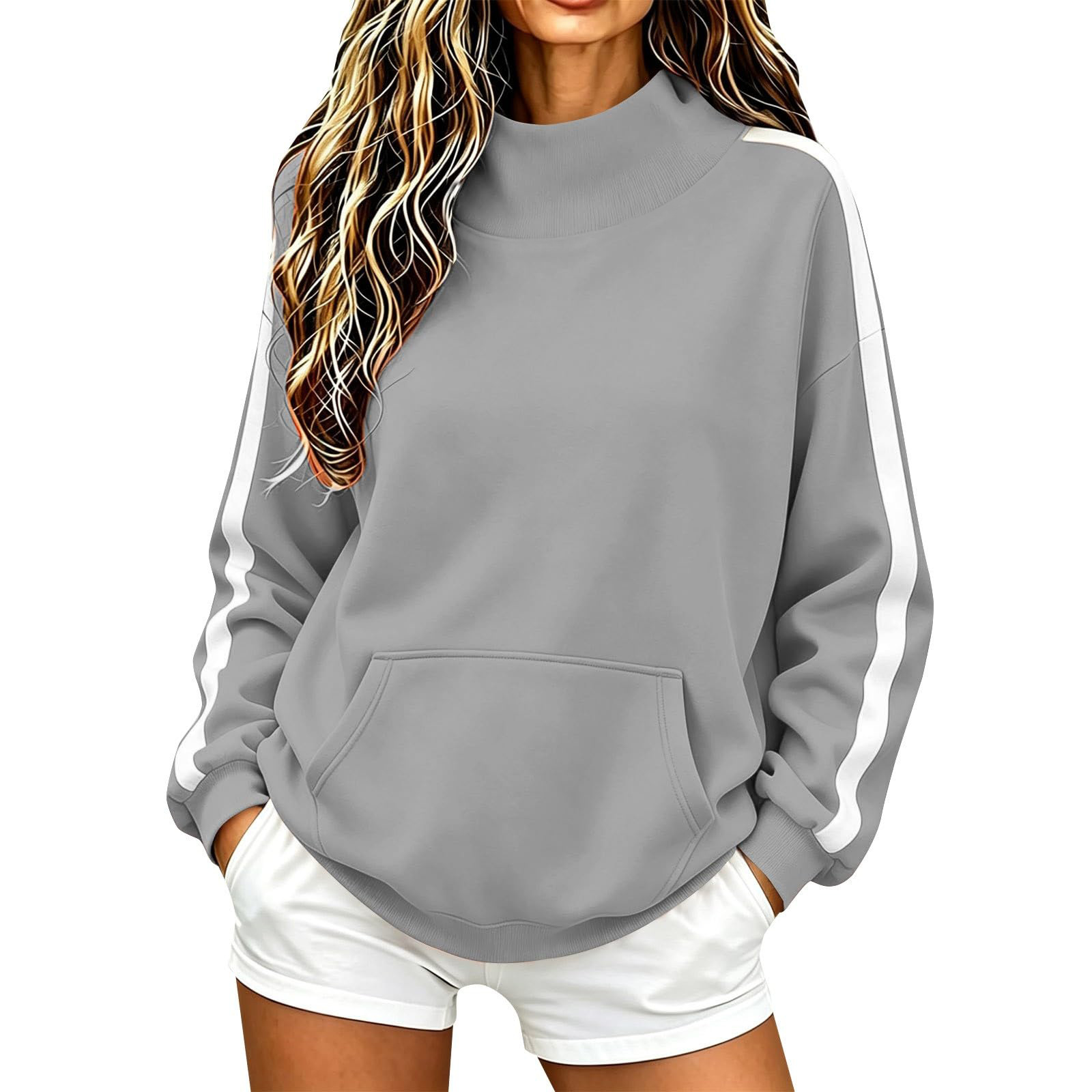 2026 Cross-Border European & American Autumn/Winter New Women's High Neck Ribbed Sweatshirt Loose Casual Sporty Style Sleeve Stripe Sweatshirt Women
