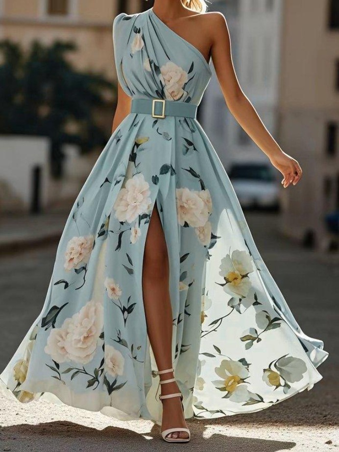 One-Shoulder Floral Print Sleeveless Maxi Dress with Belt