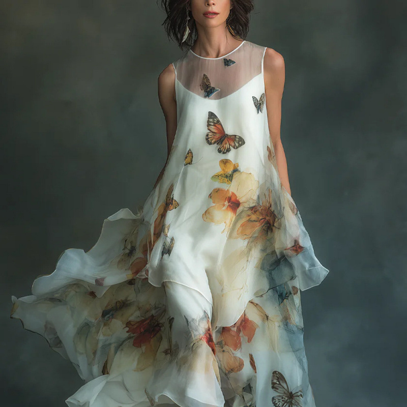 Butterfly Print Sleeveless A-Line Maxi Dress