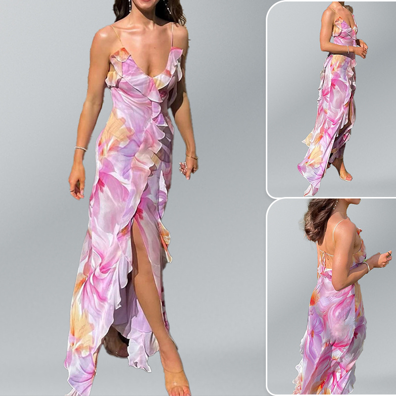 Elegant Floral Print Cami Dress with Ruffle Trim