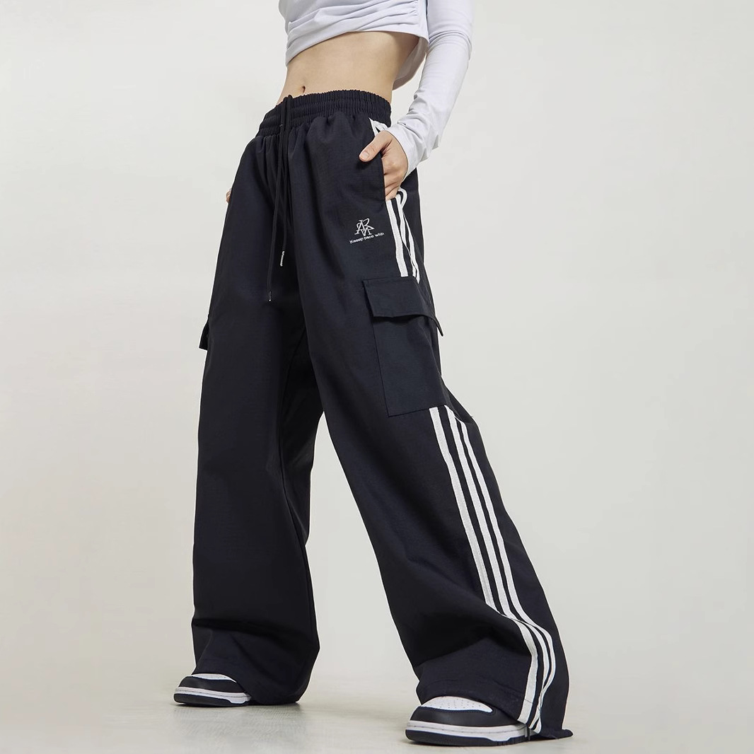 American Retro Side-Stripe Cargo Pants Unisex Straight-Leg Three-Stripe Loose Wide-Leg High-Street Track Pants