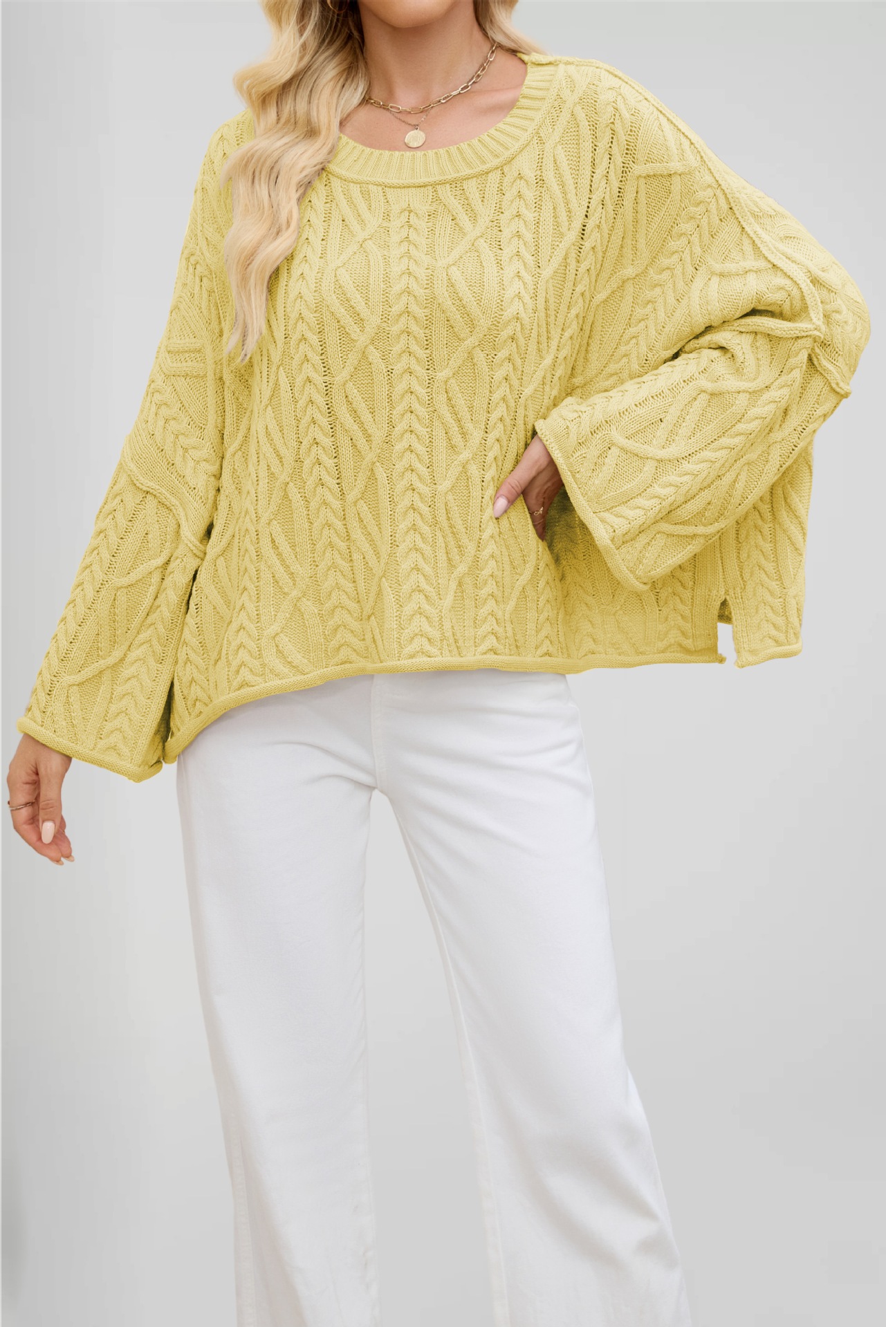 Cable-Knit Crewneck Loose Solid Color Sweater