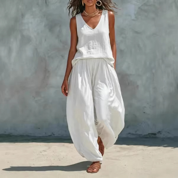 Women's Solid Linen Sleeveless Top and Wide-Leg Pants Set