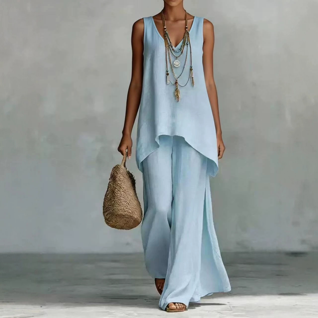 Women's Sleeveless V-Neck Top and Wide-Leg Pants Set Solid Color