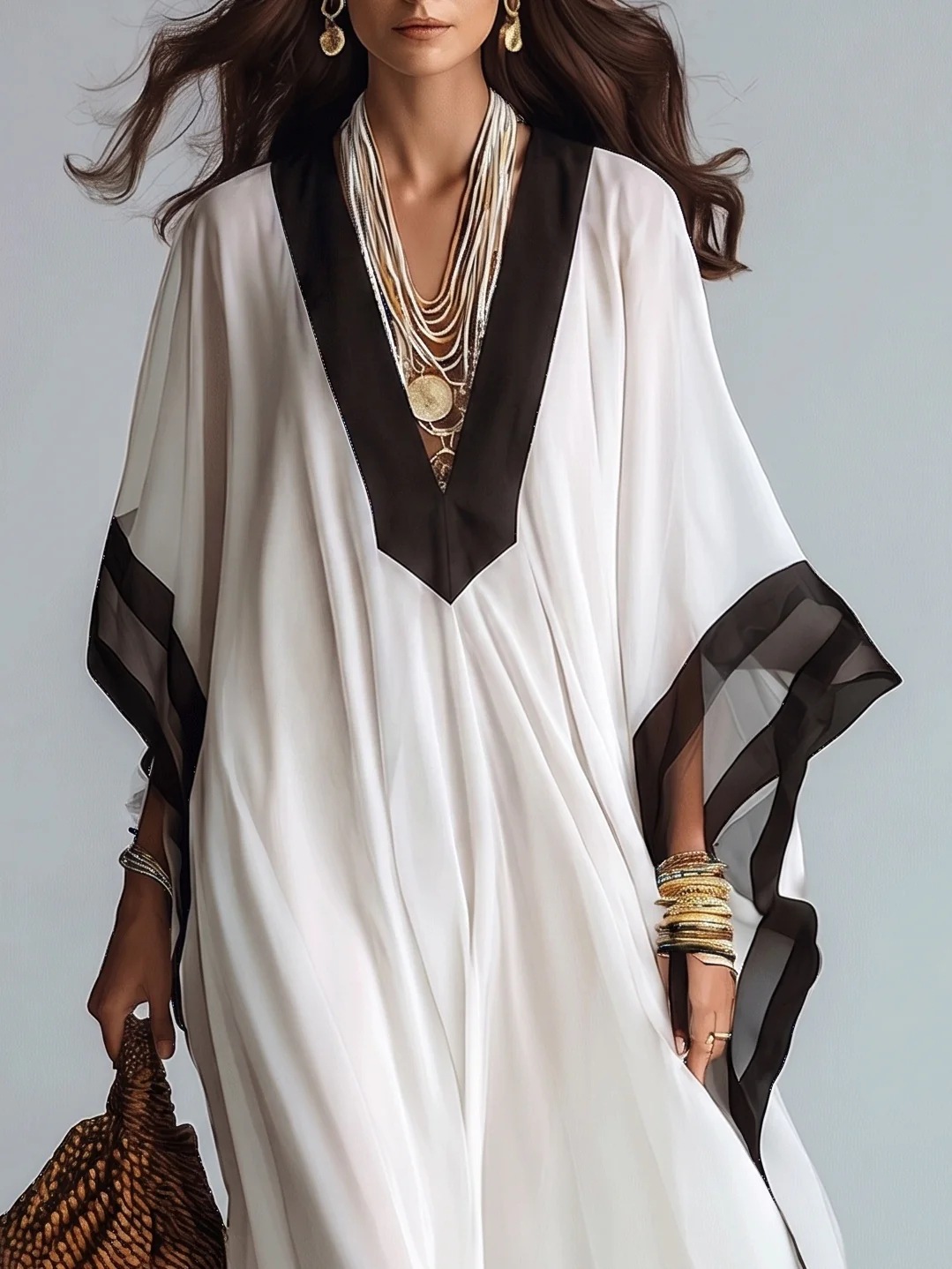 French Black and White Colorblock V-Neck Batwing Sleeve Maxi Dress