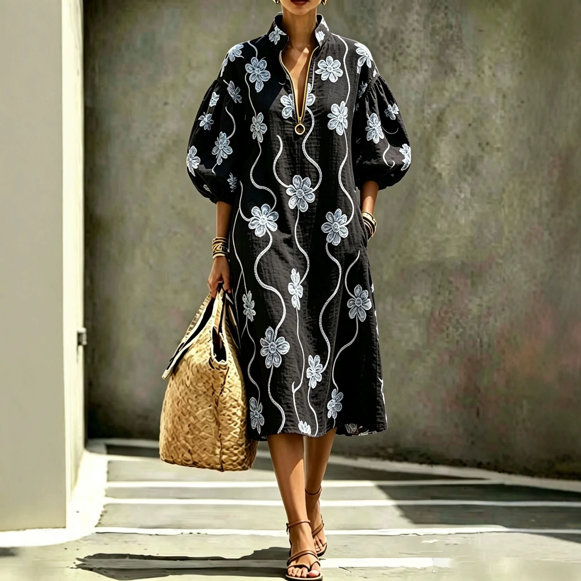 Women's Casual Loose Stand Collar Puff Sleeve Half-Zip Dress