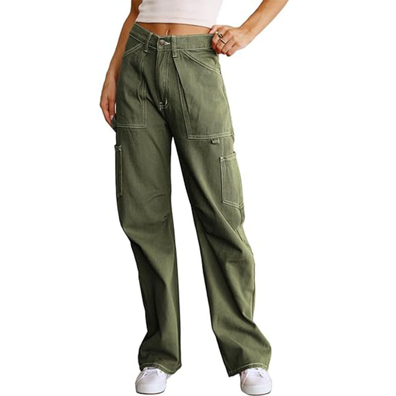 Women's High-Waist Straight-Leg Cargo Pants with Six Pockets