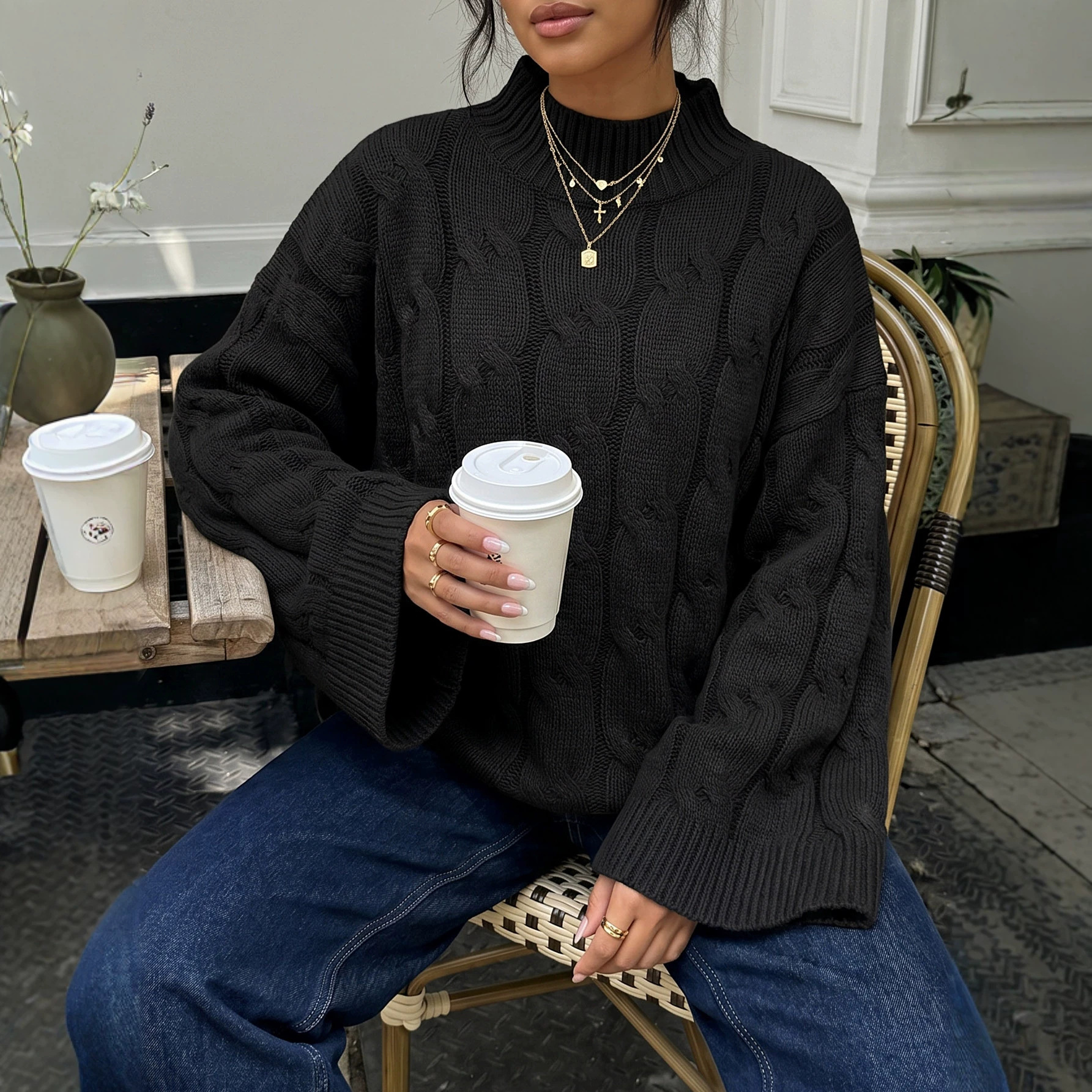 Women's Loose Fit Half Turtleneck Sweater with Flared Sleeves