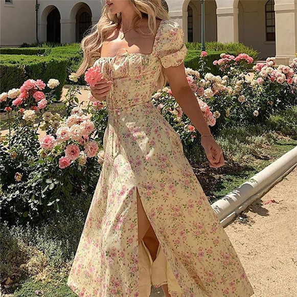 Women's French Floral Open-Back Slit Cami Dress