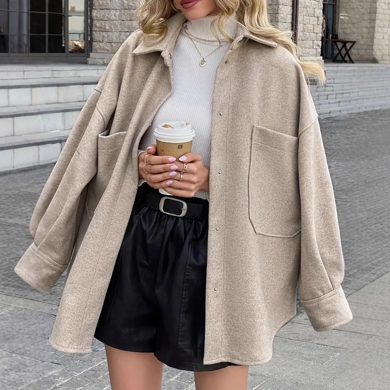 Women's Casual Faux Wool Jacket with Lapel Collar