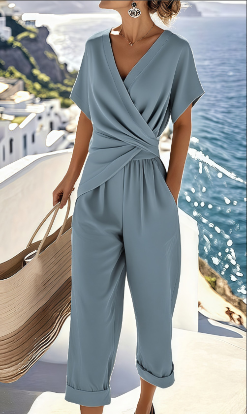 Women's Solid Color Asymmetric Short Sleeve Pant Set