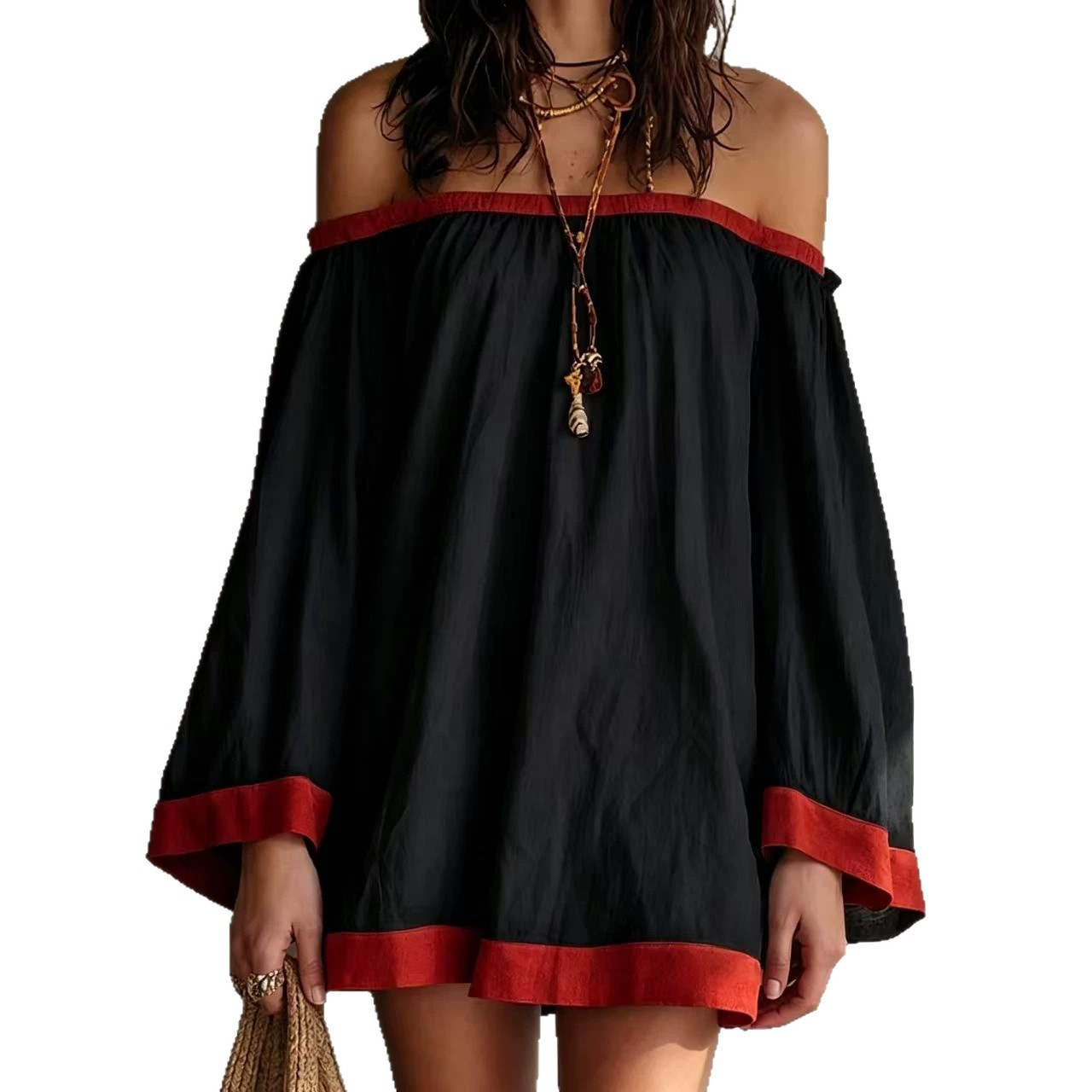 Retro Color-Block Shirt Dress with Red Trim Bell Sleeves