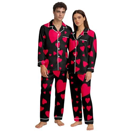 Cuban Collar Heart Print Long Sleeve Women's Set