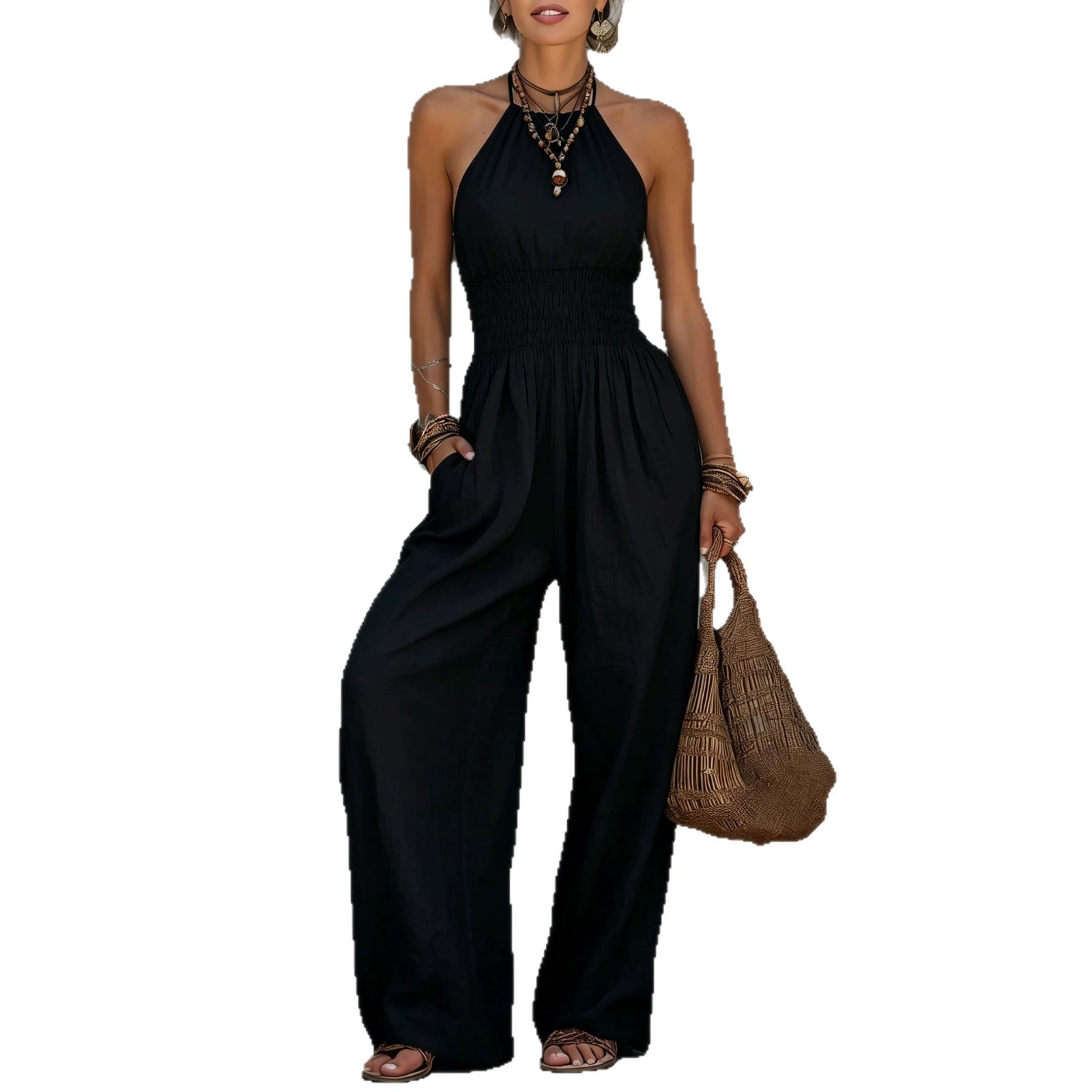 Bohemian Sleeveless Halter Wide-Leg Jumpsuit