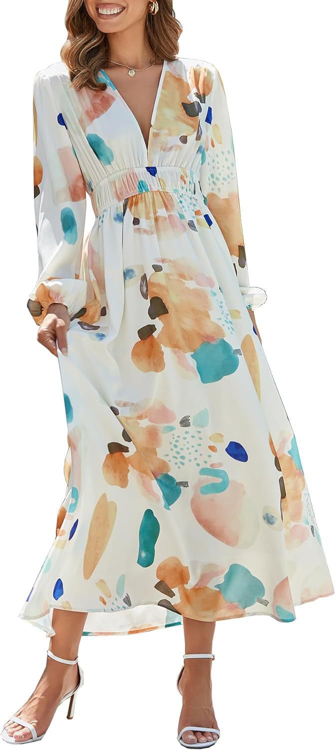 Bohemian Deep V-Neck Floral High-Waist Long-Sleeve Midi Dress