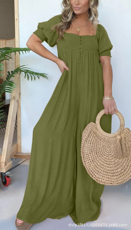 Plus Size Solid Color Puff Sleeve Ruched Jumpsuit