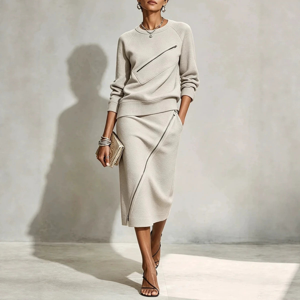 Women's Solid Color Zip Skirt and T-Shirt Two-Piece Set
