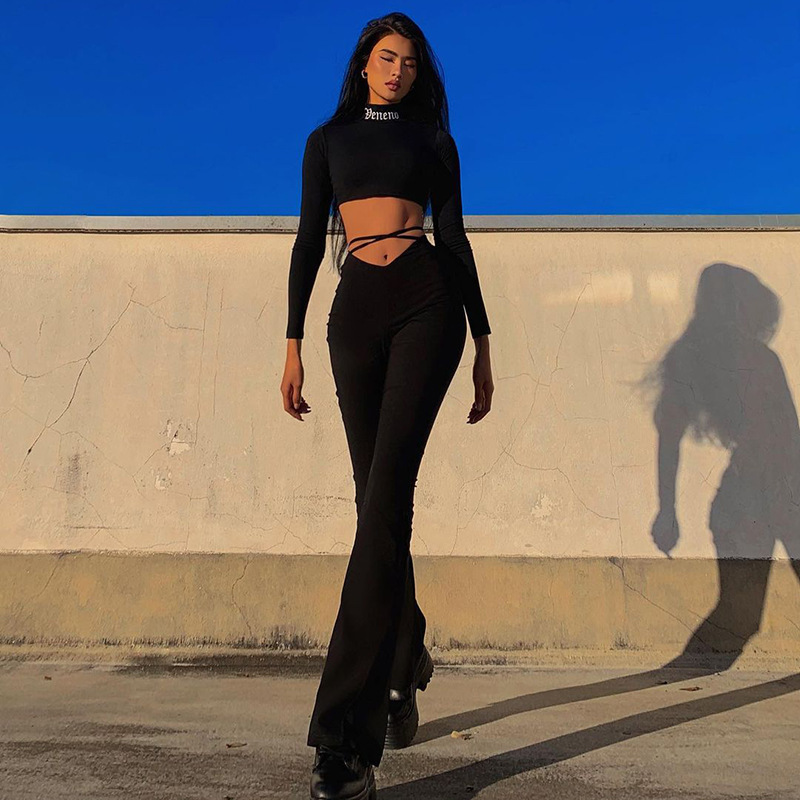 Women's Sexy High-Waist Cross-Strap Flare Pants Solid Casual Long Trousers