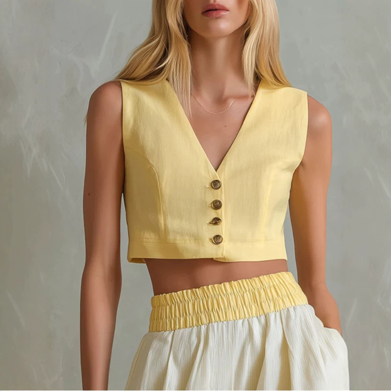 Retro Yellow Sleeveless Vest and Off-White Wide-Leg Pants Set